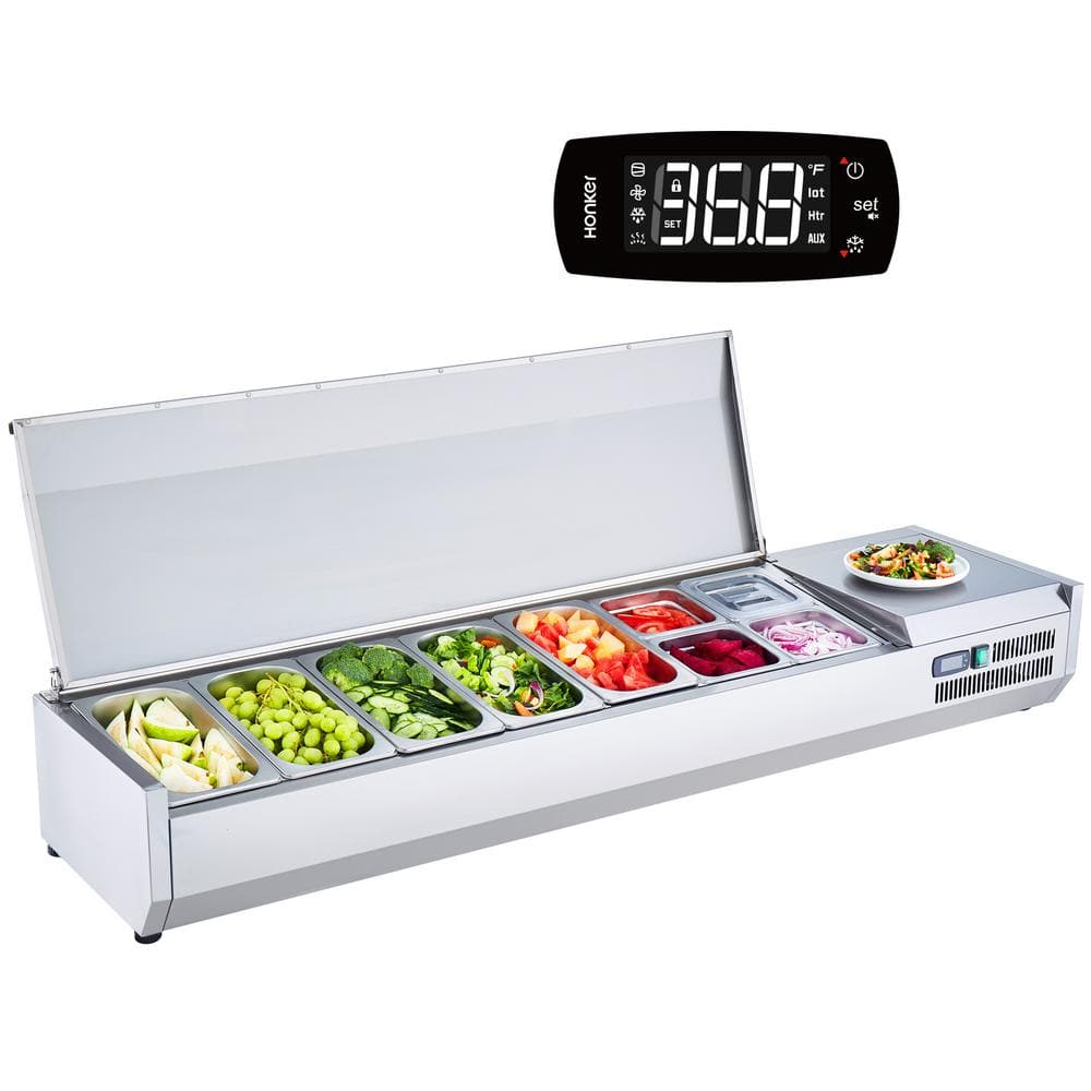 VEVOR Refrigerated Condiment Prep Station 160-Watt Countertop with 5 1/3 Pans and 4 1/6 Pans 304 Stainless Body and PC Lid