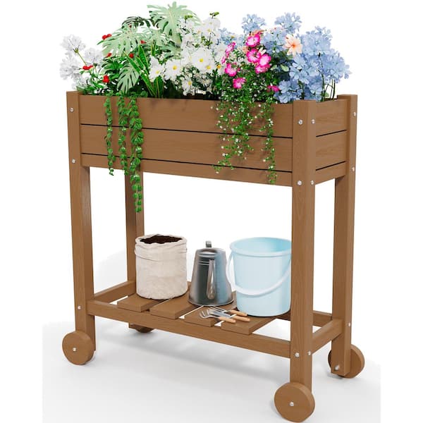 JEAREY HDPE 28.3 in. x 10 in. x 9.5 in. Outdoor Plastic Raised Garden Bed in Brown