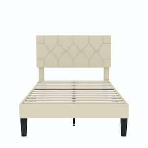 Upholstered Bed Beige Metal Frame Twin Platform Bed with Button Tufted Headboard, Wood Slat Support