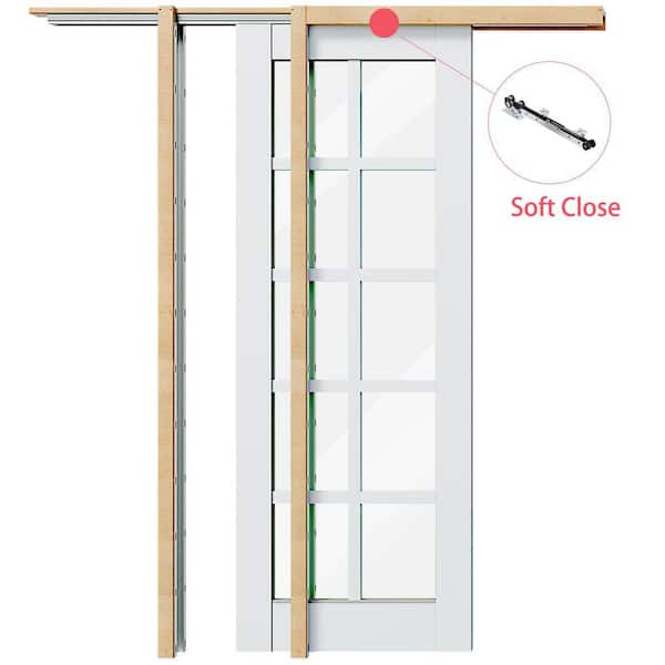 64 in. x 80 in. White Primed Solid Wood 10 Lite Clear Glass Pocket Door, Double Door with Soft Close, Frame and Hardware