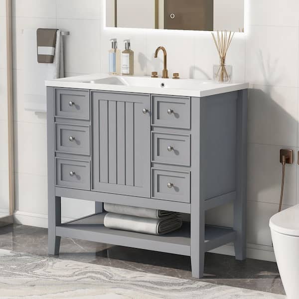 36 in. W x 18 in. D x 34 in. H Single Sink Freestanding Bath Vanity in Gray with White Ceramic Top and Open Shelf