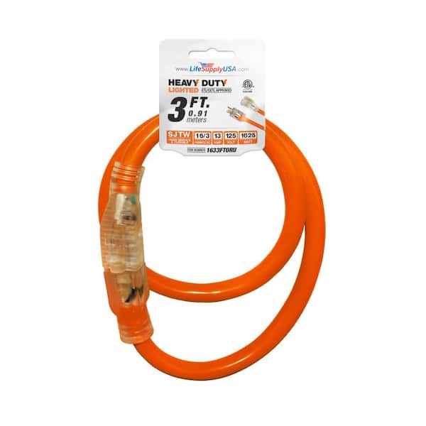 LifeSupplyUSA 3 ft. 16/3 SJTW 13 Amp 125-Volt 1625-Watt Orange Indoor/Outdoor Heavy-Duty with Lighted End Extension Cord