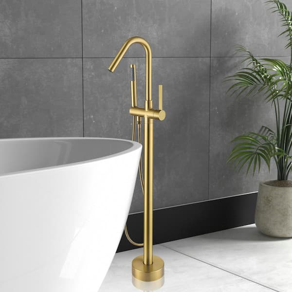 Single-Handle Freestanding Tub Faucet Bathtub Filter with Handheld Shower in Brushed Brass