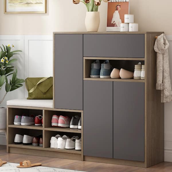 43.4 in. H x 55.1 in. W Gray Particle Board 2-in-1 Shoe Storage Cabinet with Padded Bench and Adjustable Shelves