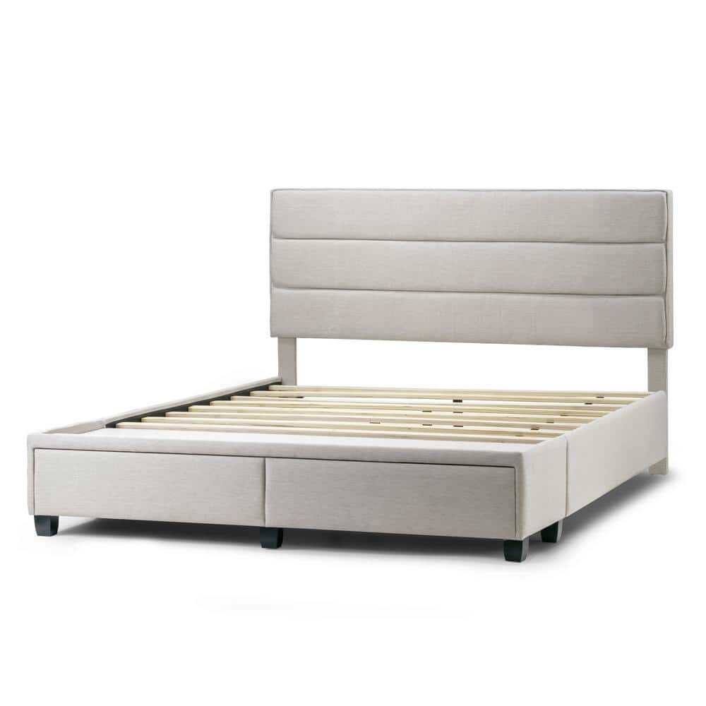 Beige King Upholstered Bed with Storage Drawers and Tufted Headboard