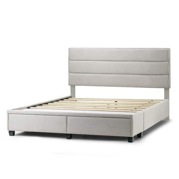 Arnia Beige Fabric Queen Bed Captain's Bed with 2-Storage Drawers