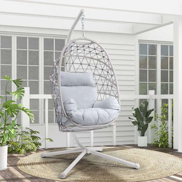 SUNVIVI 1-Person Metal Frame Wicker Patio Swing Egg Chair with White Stand and Gray Cushions