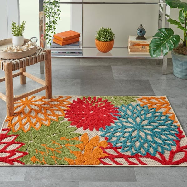 Aloha Green doormat 3 ft. x 4 ft. Floral Modern Indoor/Outdoor Patio Kitchen Area Rug