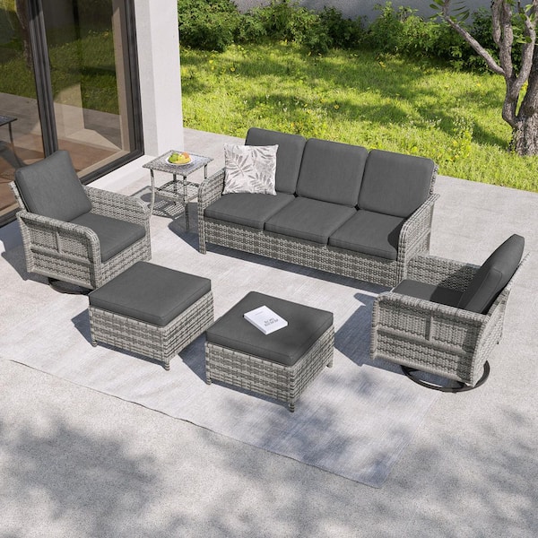 6-Piecess Patio Conversation Set Swivel Rocking Chairs with Side Table Set Gray Wicker with Black Cushion