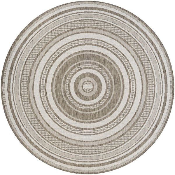 Recife Gazebo Stripe 8 ft. Round Ivory-Taupe Indoor/Outdoor Area Rug