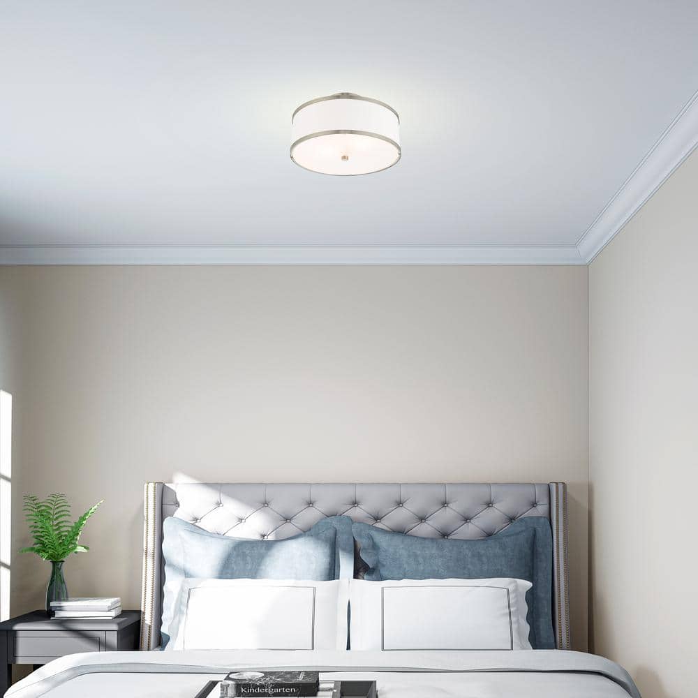 Brushed Nickel 2-Light Semi-Flush Mount with White Drum Shade