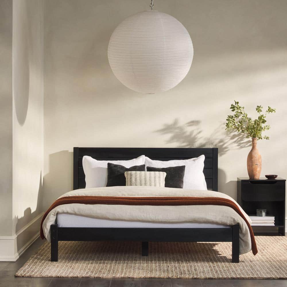 Welwick Designs Minimalist Black Wood Frame Queen Platform Bed Frame ...