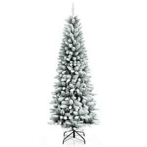 6.5 ft. Unlit Snow-Flocked Hinged Pencil Artificial Christmas Tree with Mixed Tips