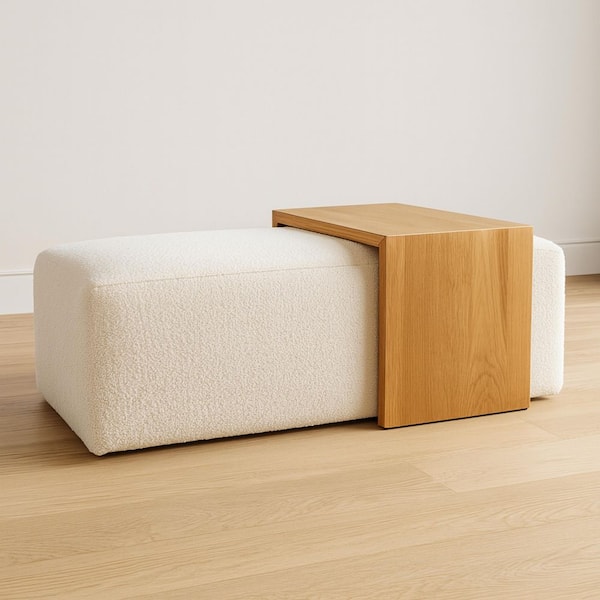 Ivory Modern Rectangular Ottoman with Wood Accent