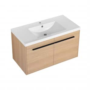 35.43 in. W. x 18.11 in. D x 20.47 in. H Wall-Mounted Bath Vanity in Light Brown with White Resin Vanity Top