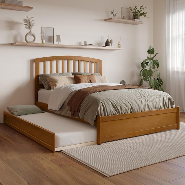 AFI Lucia Light Toffee Natural Bronze Solid Wood Frame Full Platform Bed with Panel Footboard Twin Trundle