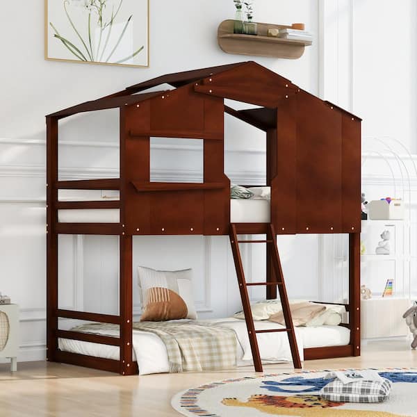 GOJANE Walnut Twin Over Twin Wood House Bunk Bed with Ladder