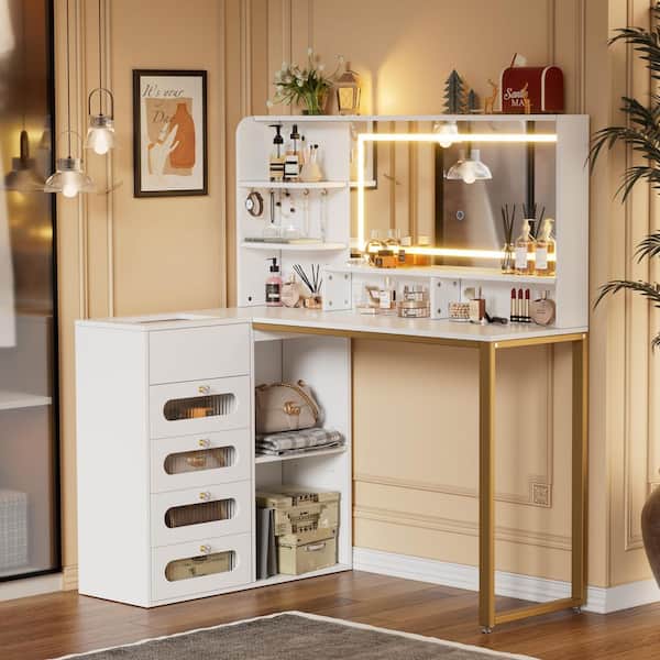 PAKASEPT White Makeup Vanity With Mirror And Lights, L Shaped