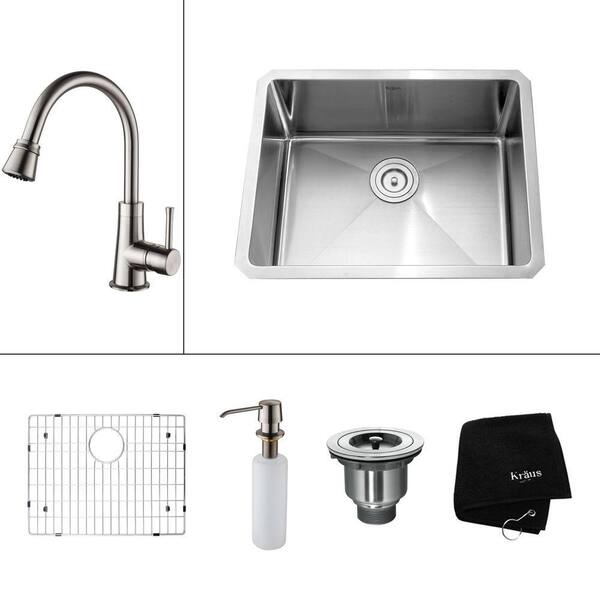 KRAUS All-in-One Undermount Stainless Steel 23x18x14.9 in. 0-Hole Single Bowl Kitchen Sink with Satin Nickel Accessories