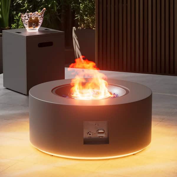 30 in. Round Gas Fire Pit Table 50,000 BTU Gray Outdoor Fire Pit with Tank Holder, Led Light