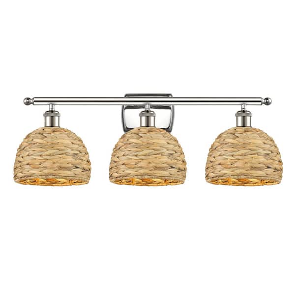 Woven Rattan 28 in. 3-Light Polished Nickel Vanity Light with Rattan Shade