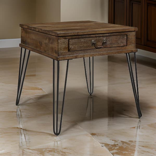 Benjara 22 in. Brown and Bronze Square Wood End Table with 1 Drawer