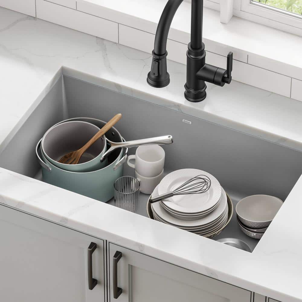 Gray 32-inch Undermount Single Bowl Granite Kitchen Sink
