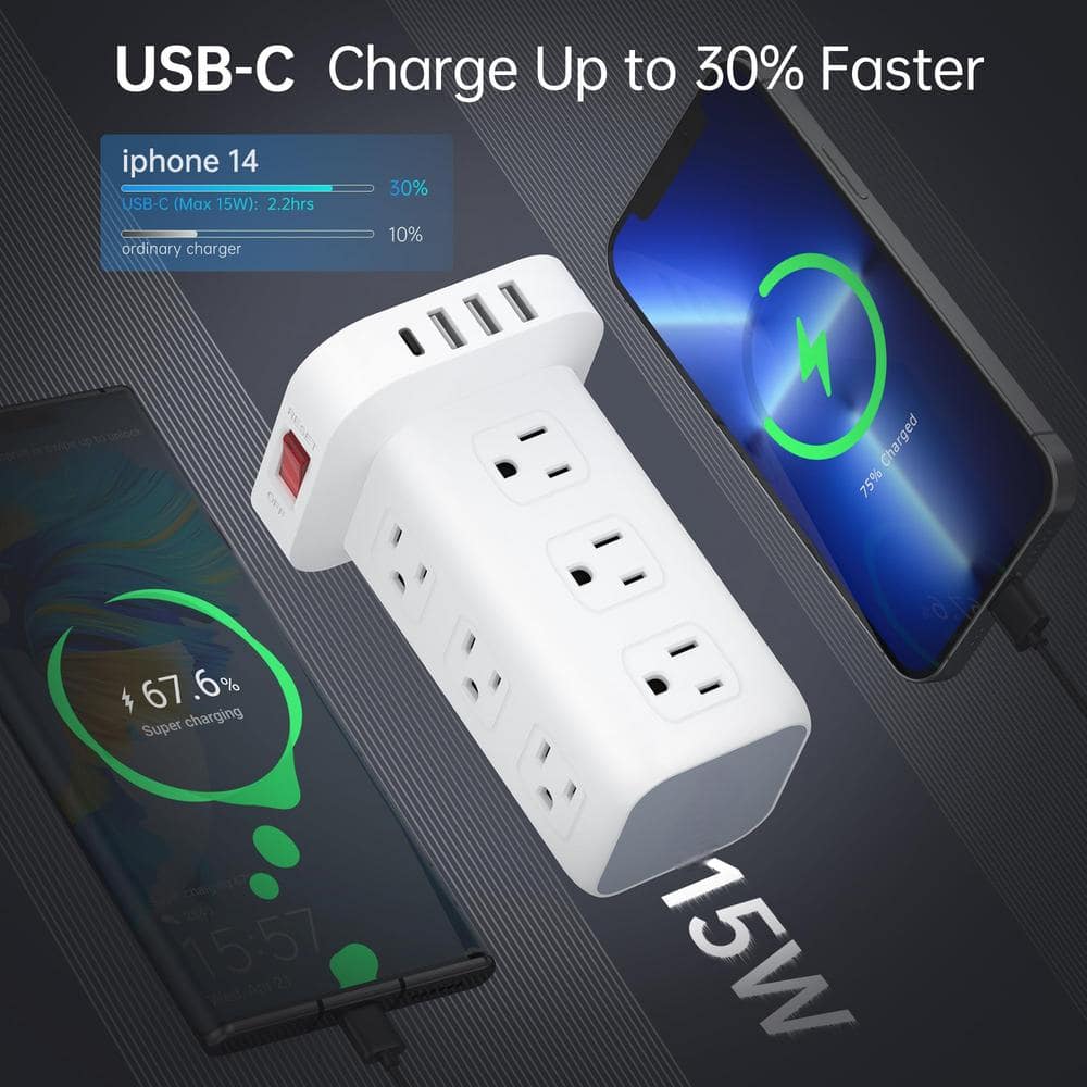 White Tower Power Strip Surge Protector with 12 Outlets and 4 USB Ports