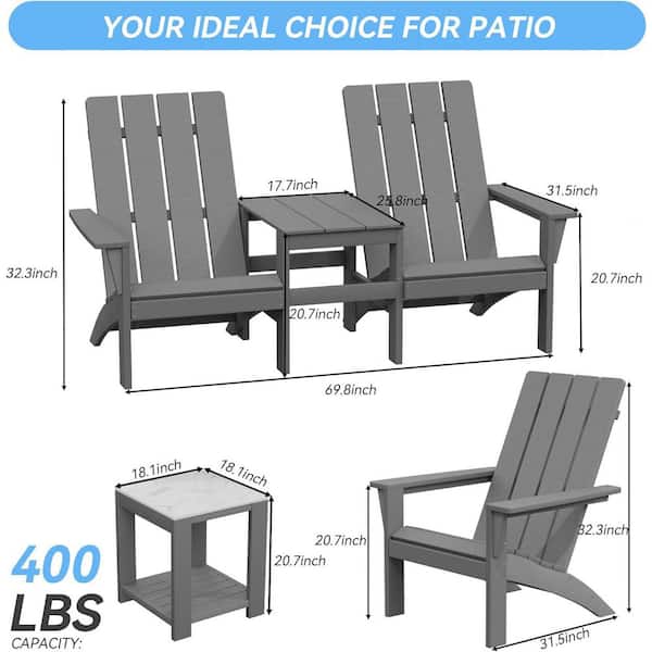 4-Seat Dual-Mode Gray Classic HDPE Poly Plastic Outdoor Adirondack Chair Set with 3 Chairs and 2 Side Tables, Patio.