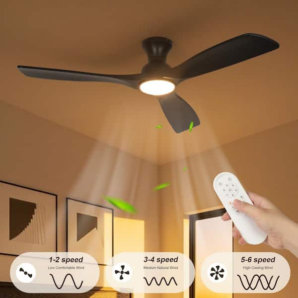 52 in. LED Indoor Modern Dark Black Low Profile 3 Blades Flush Mount Ceiling Fan with Light Integrated LED with Remote