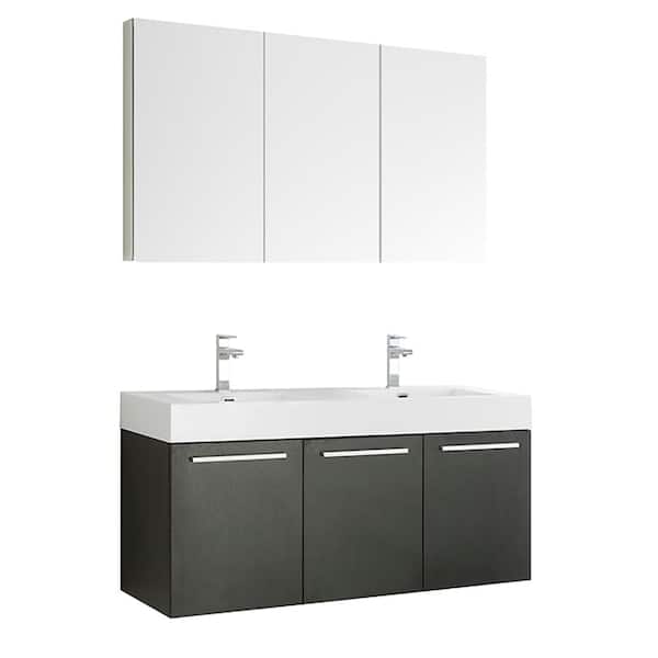 Fresca Vista 59 in. Vanity in Black with Acrylic Vanity Top in White with White Basins and Mirrored Medicine Cabinet