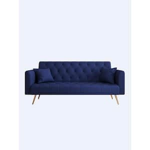71 in. Round Arm Blue Convertible Twin Size Velvet Sofa Bed