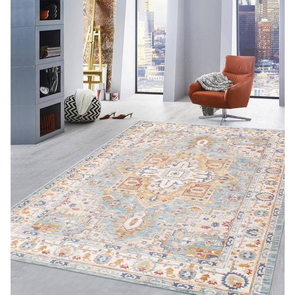 Heritage Light Blue and Ivory Rectangular Synthetic Area Rug