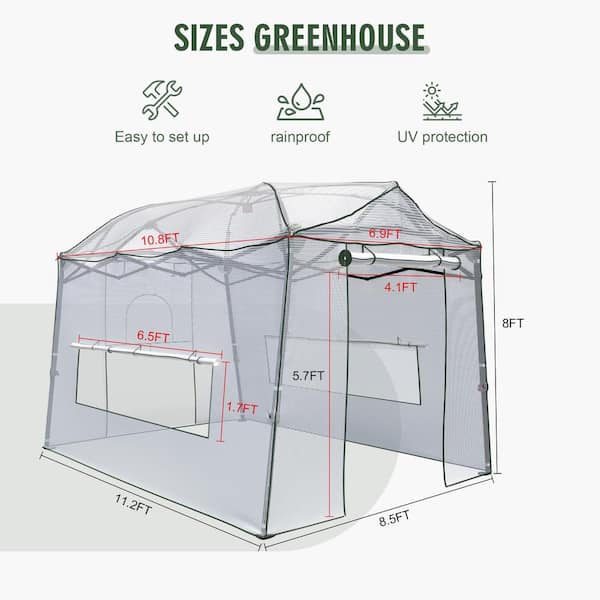 11.2 ft. x 8.5 ft. x 8 ft. Walk-in Greenhouse, Portable Pop-Up with Adjustable Heights and Durable PE Cover