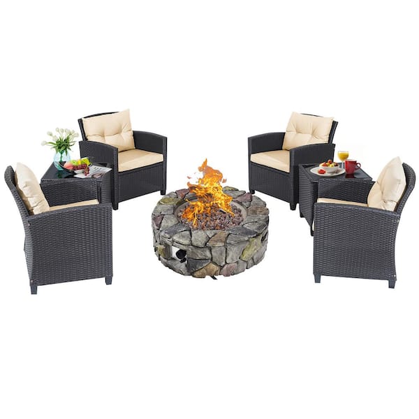 Costway 7-Piece Patio Wicker Furniture Set with Brown Cushions Gas Fire Pit Sofa Side Table Cushioned