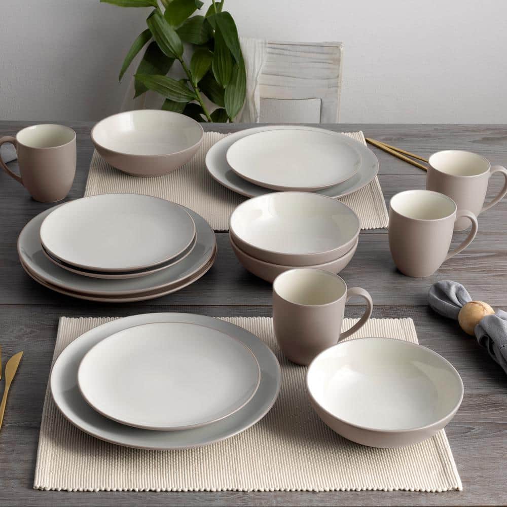 White and Sand Ceramic 16-Piece Dinnerware Set, Service for 4