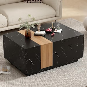 35.4 in. Black Rectangle 2-Tone Wood Top Coffee Table with 2-Drawers