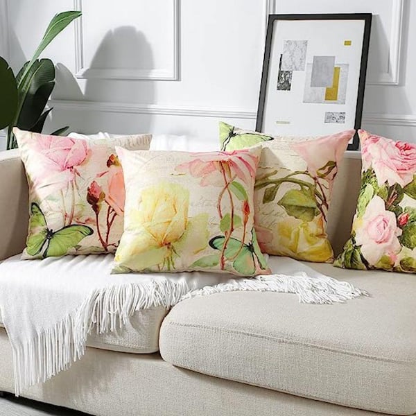 throw pillow set of 4, coral and peach pillows, modern flower pillow, rose  pillow, modern home decor, pillow cover bundle sale