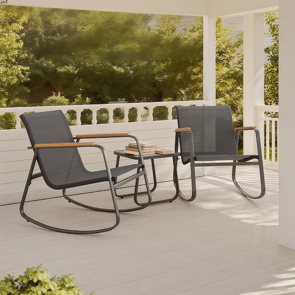 Gilati 3-Piece Metal Patio Conversation Seating Set with Coffee Table, Teslin Seat Back, Armrests with Striped WPC, Black