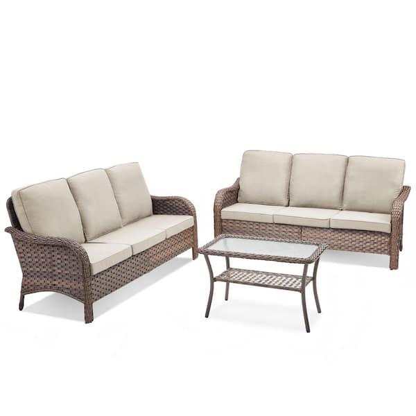 3-Piece Wicker Patio Conversation Set Outdoor Sofas with Side Table and Beige Cushions