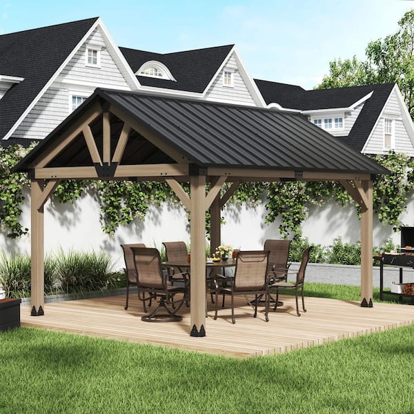 12 ft. x 14 ft. Outdoor Cedar Wood Frame Hardtop Gazebo with Galvanized Steel Gable Roof and Ceiling Hook