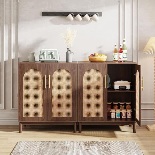 Ahlivia Brown Wood 59 in. Sideboard Buffet with Storage Cabinet, 2 Shelves and 4 Doors for Living Room Kitchen Set of 2