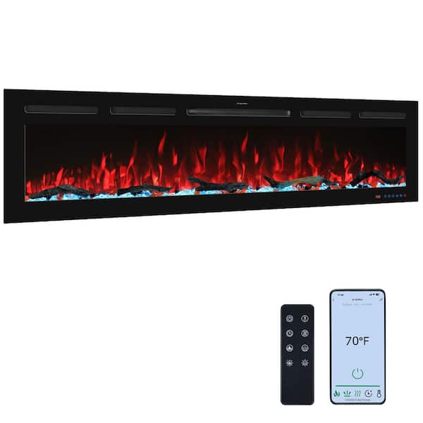 65 in. Wi-Fi Electric Fireplace Inserts, 13 Flame & Fuel Bed Colors, 5 Adjustable Brightness, Timer, Thermostat, Black