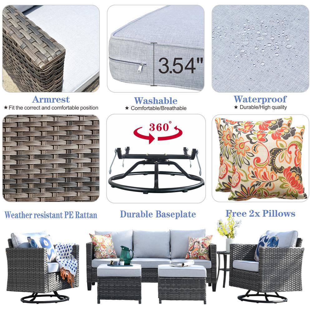 Gray Wicker Sectional Sofa Set with Swivel Rocking Chairs