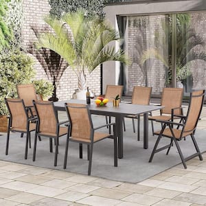 9-Piece Metal Expandable Table Patio Outdoor Dining Set with 8 Brown Textilene Chairs