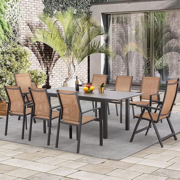 EROMMY 9-Piece Metal Expandable Table Patio Outdoor Dining Set with 8 Brown Textilene Chairs