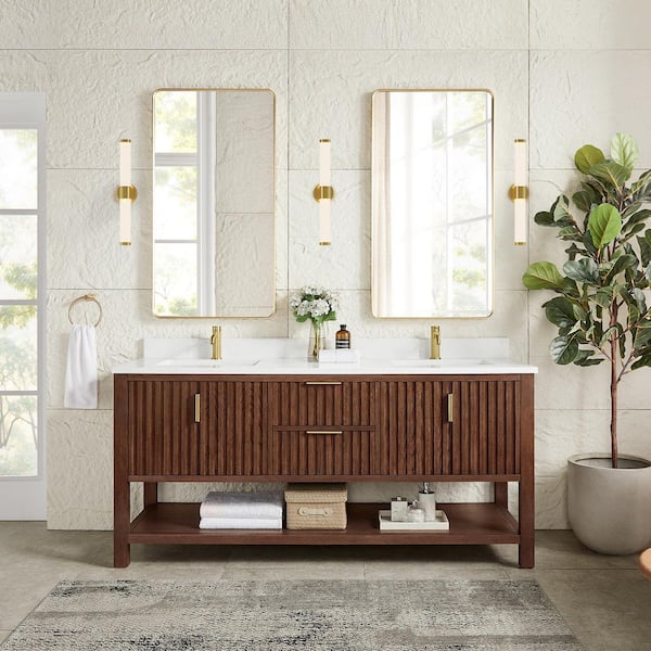 Tehran 72 in.W x 22 in.D x 33.9 in.D Double Bath Vanity in Aged Dark Brown Oak with White Engineered Stone Top