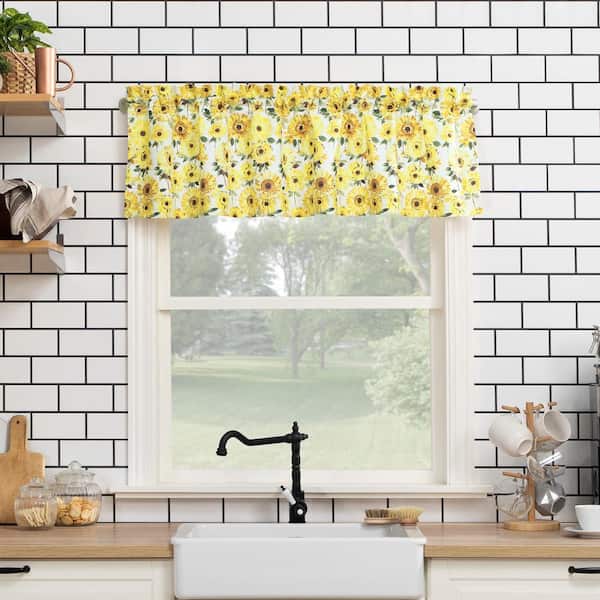 Sun Zero Sunny Sunflower Print Yellow 54 in. W x 14 in. L Rod Pocket Light Filtering Curtain Valance for Kitchens (Single Panel)