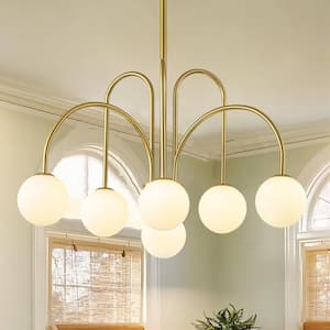 Finchley 6-Light Gold Modern Linear Sputnik Chandelier with Milky White Frosted Bubble Globe Glass Shade