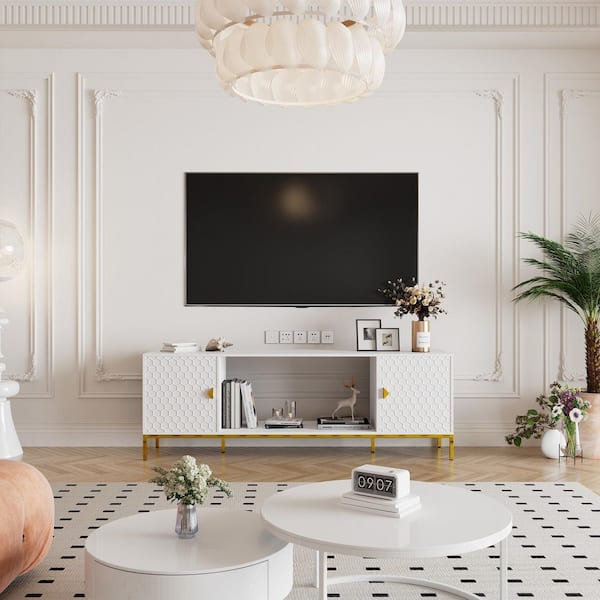 Clihome 70 in. White Wood TV Stand TV Cabinet Console Table Fits TV's up to 80 in. w Support Legs and Adjustable Shelves